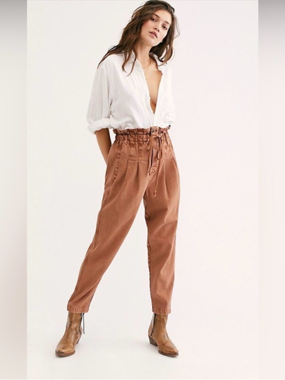 Free People Margate Ankle Pants Khaki Paperbag Waist Button Fly High Rise. XS.